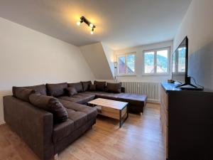 a living room with a brown couch and a tv at Ferienwohnung Kinzigblick *NEU* für Familien im Schwarzwald Kinzigtal in Schenkenzell
