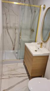 a bathroom with a shower and a sink and a toilet at Apartamenty Rynek23 in Puck