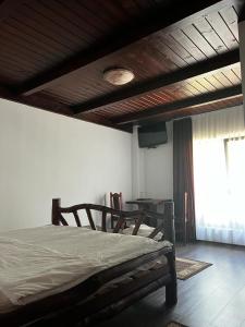 Schlafzimmer mit einem Bett, einem Schreibtisch und einem TV in der Unterkunft Pensiunea Roxana in Valea Vişeului