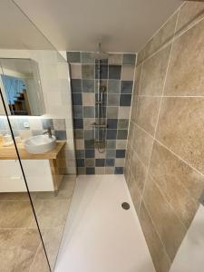 a bathroom with a shower and a sink at Gîte l'Ouvèze in Roaix