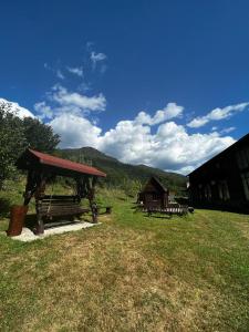 a picnic shelter in the middle of a field at Pensiunea Roxana in Valea Vişeului