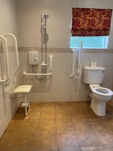 uma casa de banho com um WC, uma cadeira e uma janela. em Donington Manor Hotel em Castle Donington