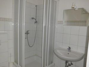 a bathroom with a shower and a sink at Gutshaus Wohlenhagen in Wohlenberg