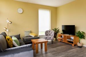 a living room with a couch and a tv at Hebrechthuis in Vlagtwedde