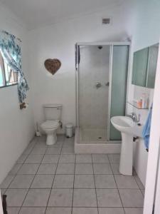 La salle de bains est pourvue d'une douche, de toilettes et d'un lavabo. dans l'établissement Lovely 1 Queen bed, 1 Sleeper couch Self-catering cottage, à Kloof
