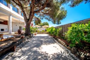 a walkway in a courtyard with a tree and benches at Villa Paradis in Les Issambres