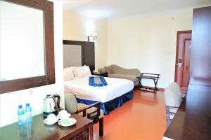 una camera d'albergo con letto e tavolo di Blue Birds International Hotel ad Addis Abeba