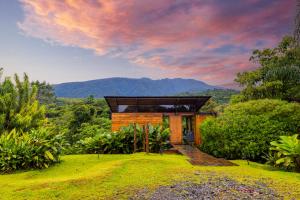 a house in the middle of a field with mountains in the background at Ecolirios Boutique Hotel and Spa in Guácimo
