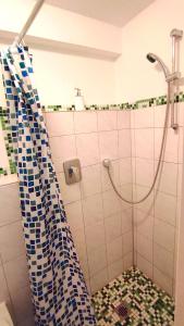 ein Bad mit Dusche und Duschvorhang in der Unterkunft Maurushaus in Füssen