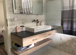 ein Bad mit einem Waschbecken und einem Spiegel in der Unterkunft Schönes grosses Haus an der Grenze zur Schweiz und Frankreich in Weil am Rhein