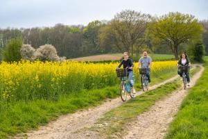 three people riding bikes down a dirt road in a field at Logements insolites à la ferme - Yourte, Kota ou Pod in Farbus
