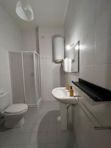 La salle de bains blanche est pourvue de toilettes et d'un lavabo. dans l'établissement Studio Clérigos B Centro do Porto, à Porto
