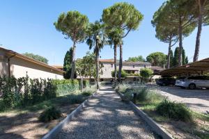 uma entrada em frente a uma casa com palmeiras em Dolce Far Niente Apartment with pool & parking em Passignano sul Trasimeno