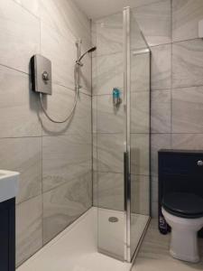 a bathroom with a glass shower with a toilet at Apartment 2, Aberystwyth Town Centre in Aberystwyth
