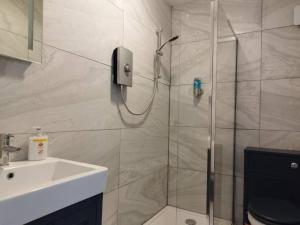 a bathroom with a shower and a sink at Apartment 2, Aberystwyth Town Centre in Aberystwyth