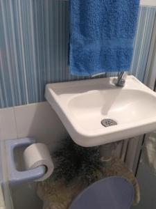 baño con lavabo blanco y toalla azul en Room in Guest room - Posada green sea villa helen kilometer 4 bypass, en La Loma