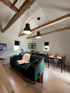 ein Wohnzimmer mit einem grünen Sofa und einem Tisch in der Unterkunft Pod Świerkami 