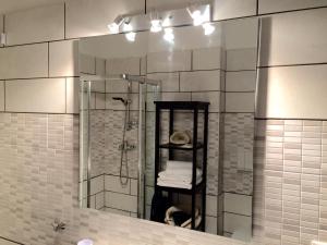 a mirror in a bathroom with a shower at Pescara Center Apartment in Pescara +25 photos