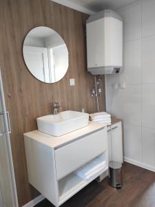 a bathroom with a white sink and a mirror at Mobilheim am Geisberg in Wiesenbronn
