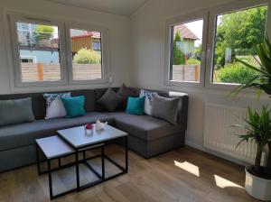 a living room with a couch and a table at Mobilheim am Geisberg in Wiesenbronn