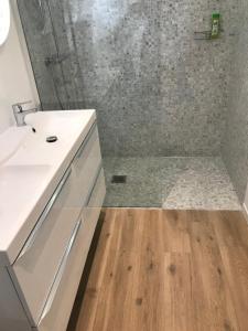 La salle de bains est pourvue d'un lavabo blanc et d'une douche. dans l'établissement "Les Orchidées" Cosy et rénové, Proche Mer, Gare, à Roquebrune-Cap-Martin
