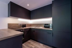 a kitchen with black cabinets and a sink at Le Samance 2 in Le Grand-Bornand
