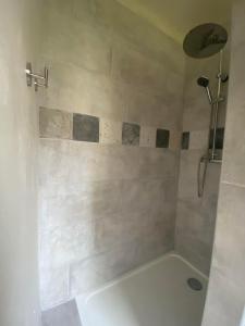 a bathroom with a shower and a white bath tub at Le Clos du Vallon des Courances in Saint-Coutant-le-Grand