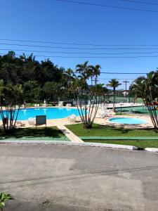 una piscina con banco y palmeras en Apartamento até 10 pessoas na enseada Guarujá em condomínio clube praia piscinas salão jogos quadra futebol campo parquinho brinquedos Wi-fi Home office en Guarujá
