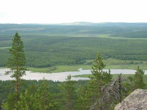 a view of a river from a mountain with trees at Hotel Kievari in Ylitornio