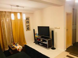 uma sala de estar com uma televisão de ecrã plano num suporte em Studio Apartment 21 em Danilovgrad