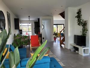 un salon avec un canapé bleu et des plantes dans l'établissement Villa L'Alameda Spa Billard Paris Centre 35min, à Verrières-le-Buisson