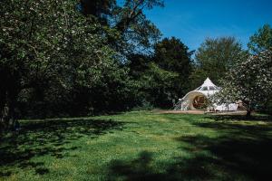 a white tent in a field with trees at Appleblossom Yurt in Alkborough