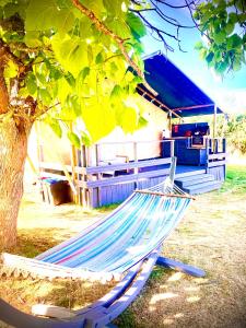 una hamaca azul sentada frente a un árbol en La Papillon Glamping, en La Châtre