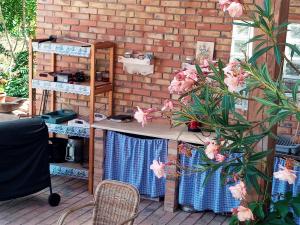 賽倫奇的住宿－Hegyaljai Panoráma Vendégház，庭院配有桌子和一些粉红色的鲜花