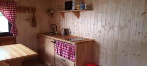 uma cozinha com um lavatório e uma toalha vermelha e branca em Planinska hišica pod macesni - Bohinj em Srednja Vas v Bohinju