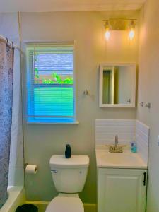 een badkamer met een toilet, een wastafel en een raam bij STOP Inn STAY HOSTEL in Houston