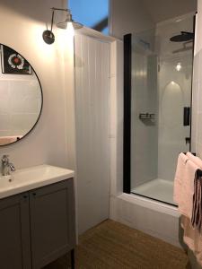 a bathroom with a shower and a sink and a mirror at Val du Lys in Sainte-Maure-de-Peyriac
