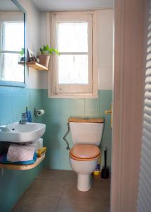 een badkamer met een toilet, een wastafel en een raam bij casa mediterrània a la vora de Barcelona in Corbera de Llobregat