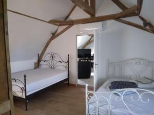 a bedroom with two beds and a mirror at Le Manoir à proximité de Tours in Chanceaux-sur-Choisille