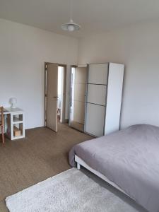 ein weißes Schlafzimmer mit einem Bett und einem Schreibtisch in der Unterkunft 2 chambres indépendantes dans Maison de maitre in Carmaux