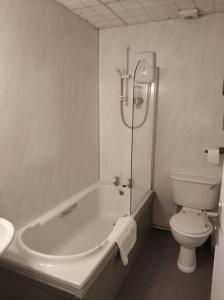 a bathroom with a tub and a toilet and a sink at Apartment One Aberystwyth Town Centre in Aberystwyth
