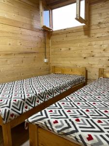two beds in a room with wooden walls at Brvnara Krin 1 in Nova Varoš