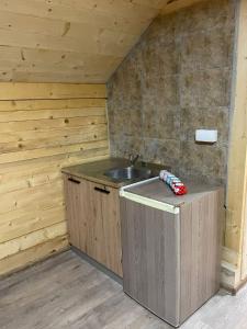 a kitchen with a sink in a wooden room at Brvnara Krin 1 in Nova Varoš