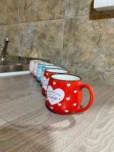 a row of coffee cups lined up on a counter at Brvnara Krin 1 in Nova Varoš