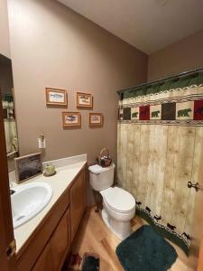 y baño con aseo, lavabo y ducha. en Cozy Riverfront Retreat en Leavenworth