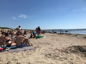 een groep mensen op het strand bij Liten ”stuga” in Falkenberg