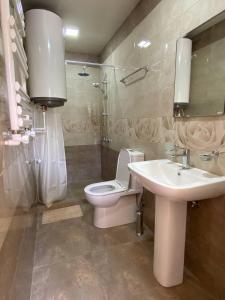 La salle de bains est pourvue de toilettes, d'un lavabo et d'un lavabo. dans l'établissement Hestia, à Gyumri