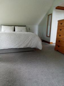 a bedroom with a bed with a dresser and a mirror at White Cottage B and B in Spilsby