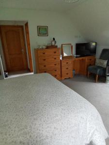 1 dormitorio con 1 cama, vestidor y TV en White Cottage B and B en Spilsby