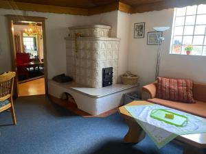 - un salon avec une cheminée et un canapé dans l'établissement Chalet am See, à Sontra